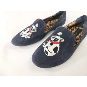 Boutique‎ 9 Suede Loafers French Bulldog Dog Slip On Embroidery Size 8.5 Flats